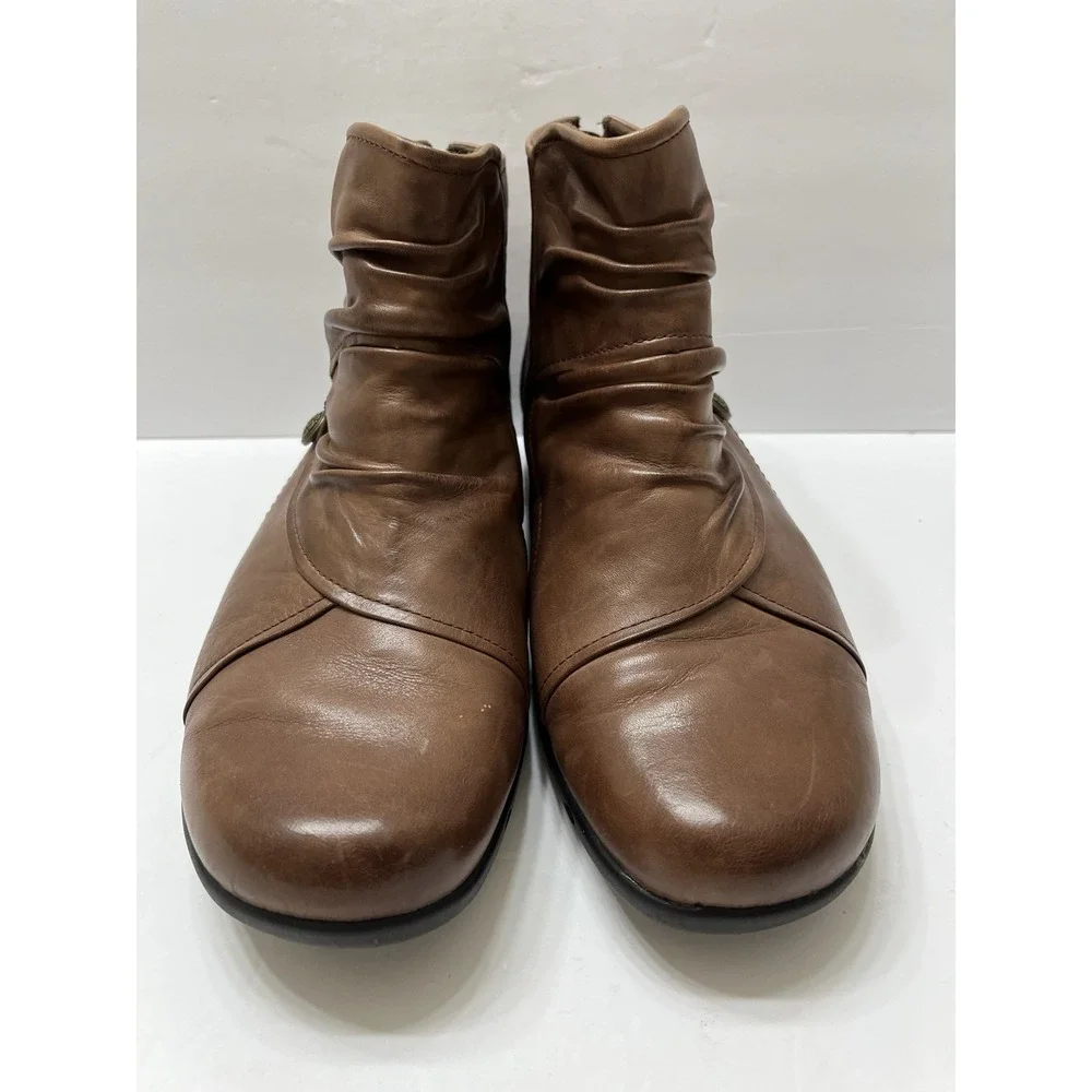 Rockport Cobb Hill Ruched Leather Booties Brown Buttons Back Zip Women's 9.5